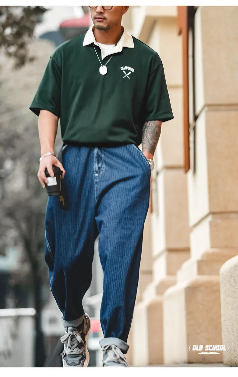 Contrasting Color Short Sleeve T-shirts for Men Summer Green Loose Fit Polo Shirt Casual Embroidery Tee Tops for Daily