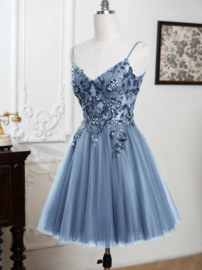 Sling Evening Dresses Sexy Spaghetti Straps V-Neck Illusion Sequins Appliques Prom Dress A-Line Train High Split Gowns