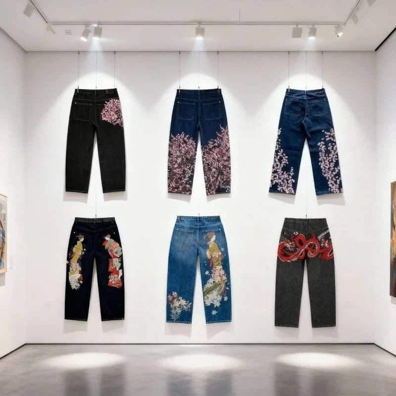 Y2K Harajuku Jeans Vintage Cherry Blossom Selvedge Denim Pants Hip Hop Gothic men women denim fabric wide leg pants streetwear