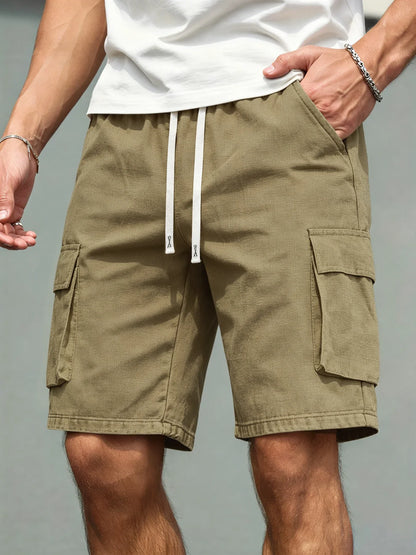 Men's Loose Polyester Straight-Leg Pants, Casual Multi-Pocket Work Shorts, High-End Men's Shorts, Drawstring Daily Work Shorts