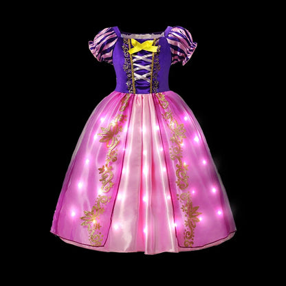 Girl Elsa Anna Princess Dress with LED Light Up Costume for Kids Cosplay Party Clothes Rapunzel Aurora Outfit Carnival Prom Gown