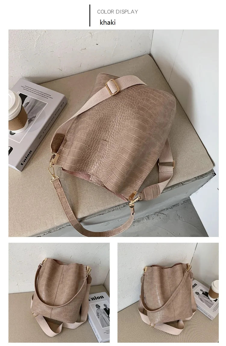 Women Bag Vintage Crocodile Pattern Crossbody Bags for Women PU Leather Trend Designer Shoulder Handbags Large Capacity Bucket