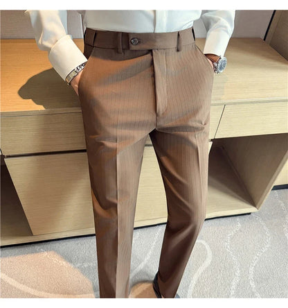 Autumn Winter Thick Suit Pants Men Elastic Waist Business Classic Straight Striped Formal Pants High Quality Slim Fit Trousers