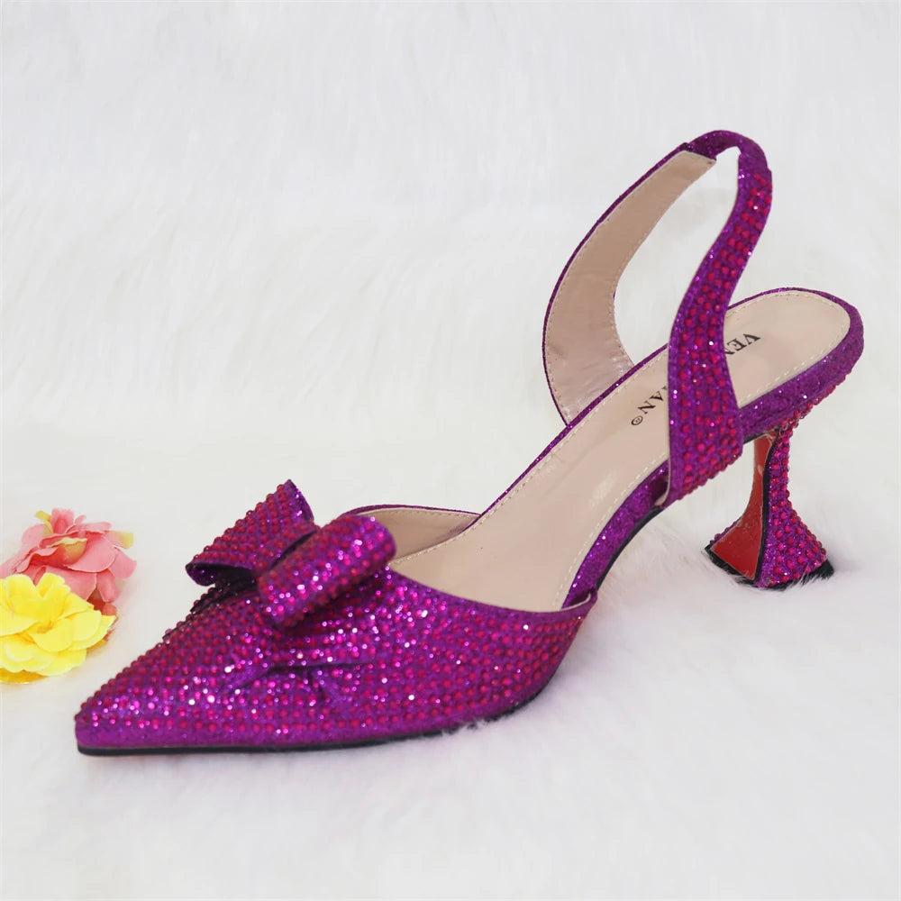Bridal High Heels for Women 2023 Pointed Toe With Bows Gold Color Rhinestone  Elegant Party Wedding Shoe and Bag Set