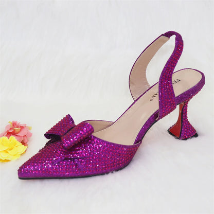 Bridal High Heels for Women 2023 Pointed Toe With Bows Gold Color Rhinestone  Elegant Party Wedding Shoe and Bag Set