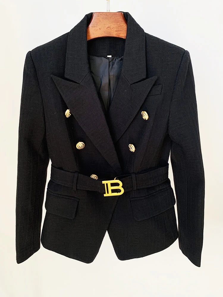 HIGH STREET Newest 2026 Designer Jacket Women's Double Breasted Lion Buttons Monogram Jacquard Belted Blazer