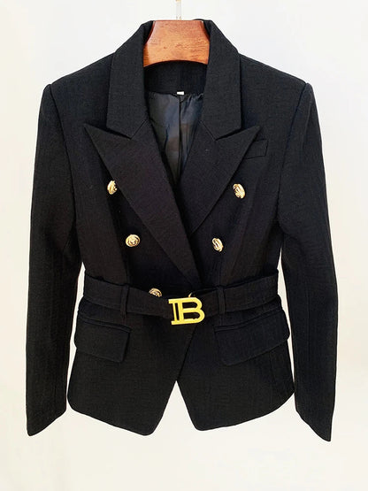 HIGH STREET Newest 2026 Designer Jacket Women's Double Breasted Lion Buttons Monogram Jacquard Belted Blazer