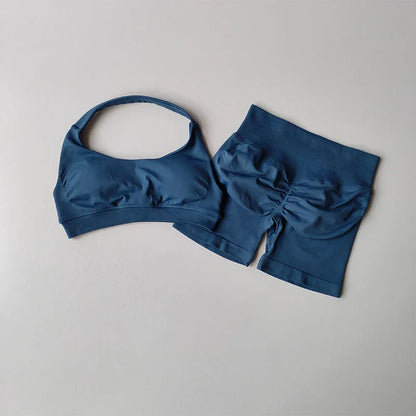 2pcs Sexy Halter Neck Beautiful Back High Waist Peach Sports Bras Set Suit Pilates Gathering Training Yoga Vest Fitness Bra