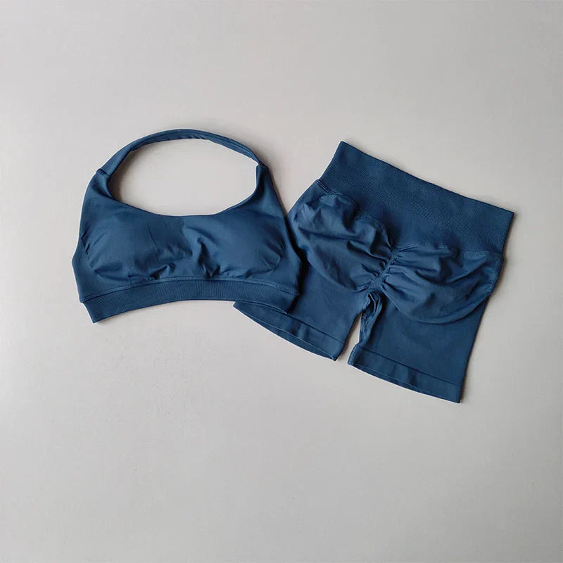 Sexy Halter Neck Beautiful Back High Waist Peach Sports Bras Shorts Suit Pilates Gathering Yoga Vest Training Fitness Bra Sets