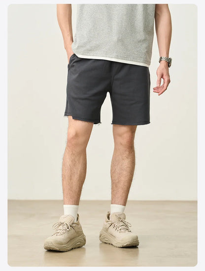 2025 Summer New Oversize 390gsm Drawstring Shorts Men  Raw  Hem Athletic Sports Runinng Shorts