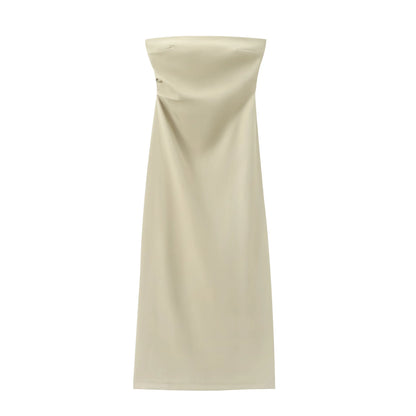 Women Fashion Summer New Sexy Split Back Zip Pleated Sleeveless Strapless Dress Chic Female French Elegant Evening