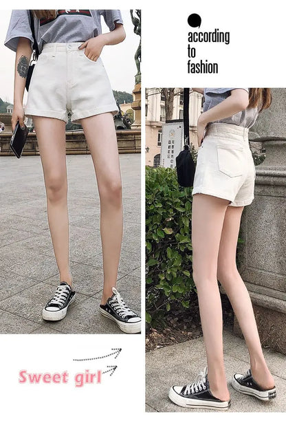High-Waist Cuffed Denim Shorts Women Summer Korean Style Student Loose Slimming Outerwear A-Line Wide Leg Hot Pants Y2K Shorts