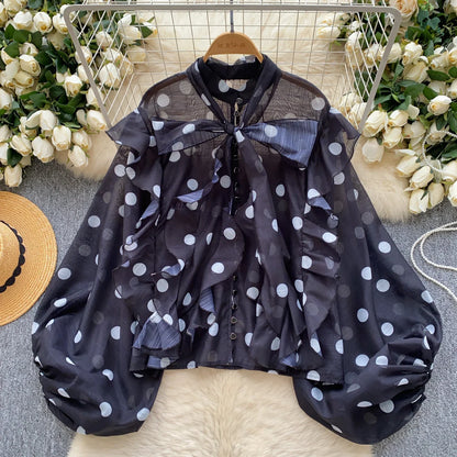 Women Butterfly Bow Lace-up Vintage Lantern Long Sleeve Top Slim Fashion Polka Dot Mesh Chiffon Blouse Hotsweet Spring Clothing