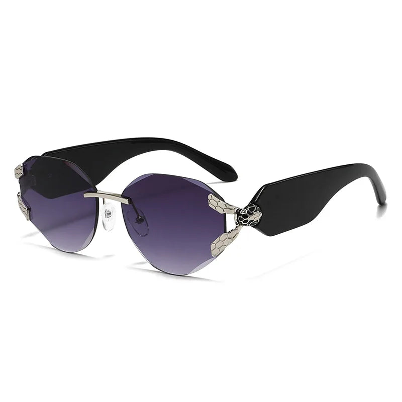 2026 Snake Head Decor Rimless Sunglasses Women's UV400 Protection Shades Wide Temple Gradient Sun Glasses for Street & Driving