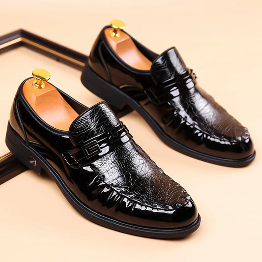 Men's Brown Crocodile Pattern Dress Shoes Patent Leather Slip-on Loafers Formal Business Wedding Oxfords for Men