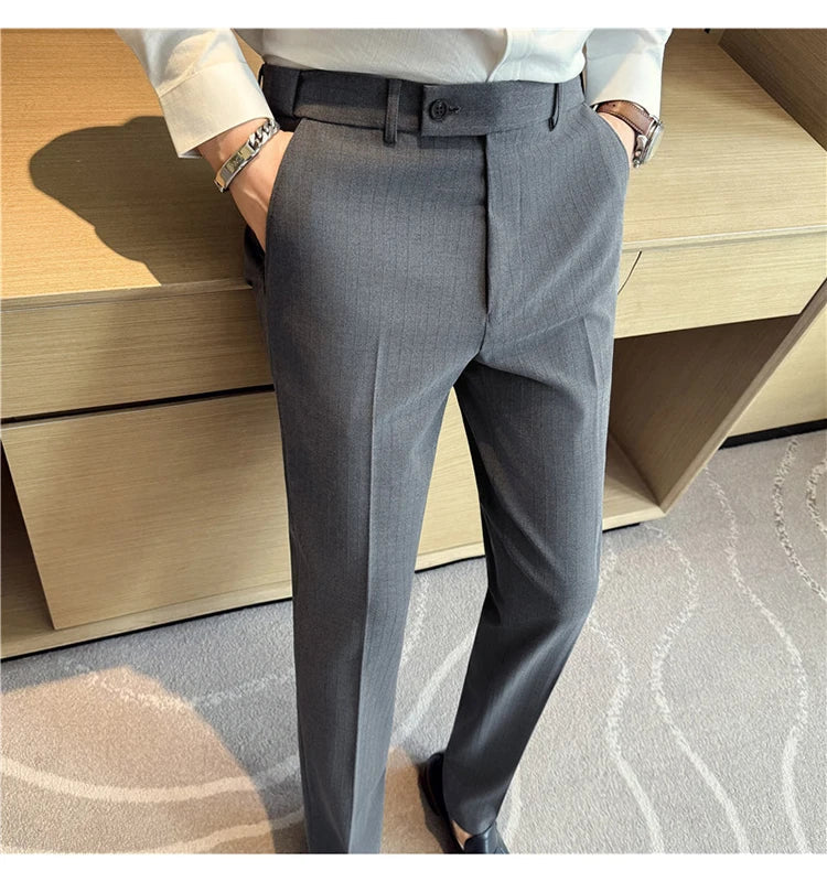 Spring Autumn New Elastic Waist Casual Trousers Male High Waist Dark Striped Slim Fit Pants Men Business Formal Casual Suit Pant