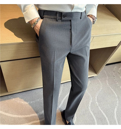 Spring Autumn New Elastic Waist Casual Trousers Male High Waist Dark Striped Slim Fit Pants Men Business Formal Casual Suit Pant