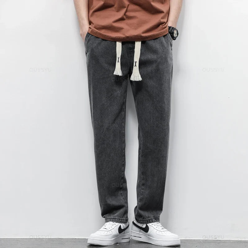 High Quality Fully Elastic Waist Men's Jeans Cotton Soft Drawstring Straight Pants Korea Casual Trousers Male Plus Size S-5XL