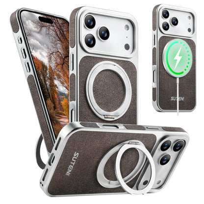 Faux Leather Magnet Wireless Charging Phone Case 360° Rotating Stand Ring Buckle Frosted Feel For iPhone 17 Pro Max 16 15