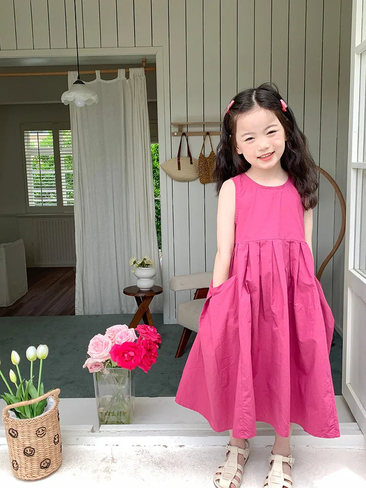 2026 New Summer Children Girls Sleeveless Dress Teen Solid Color Cotton Loose Casual Sundress Kids Vacation Style Princess Dress