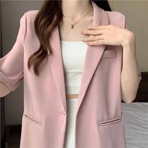 Loose Casual Thin Short Sleeve Women's Suit Jacket Summer New Style Korean Version Fashionable All-Match Lightweight Polyeste...
