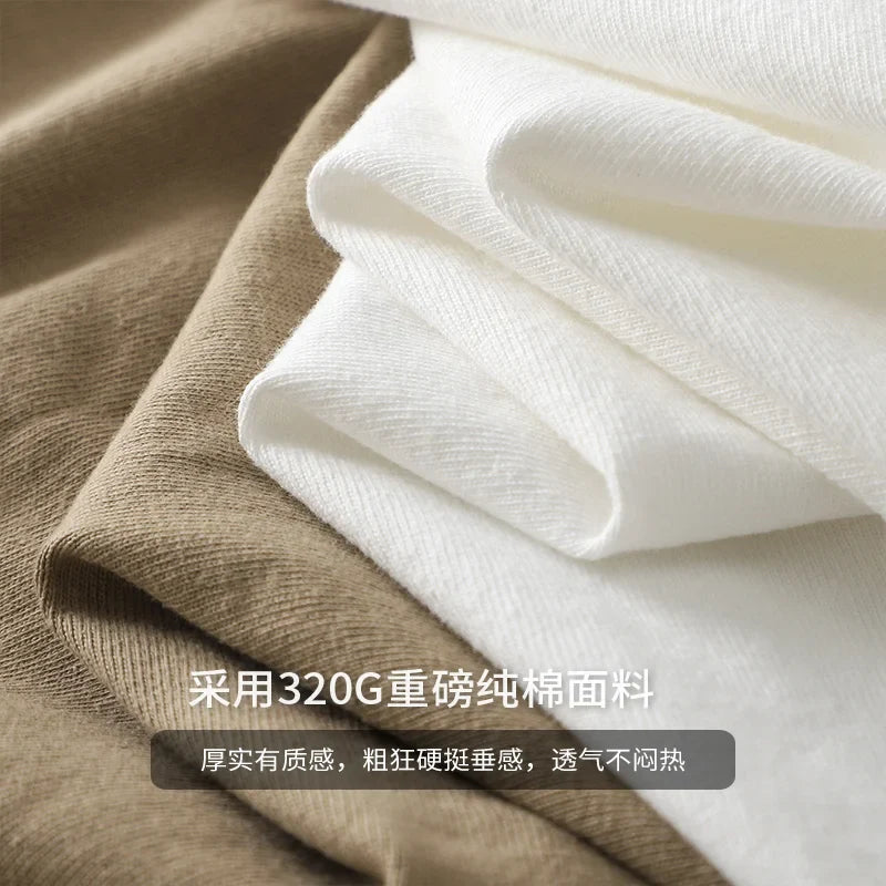 320gsm Heavy Short-Sleeved T-Shirt Men's Summer Vintage Half-Sleeve Pure Cotton Tees White Tops for Unisex