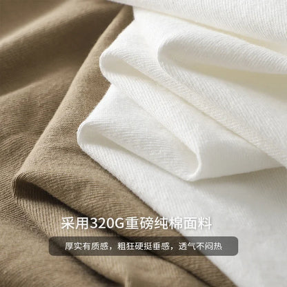 320gsm Heavy Short-Sleeved T-Shirt Men's Summer Vintage Half-Sleeve Pure Cotton Tees White Tops for Unisex