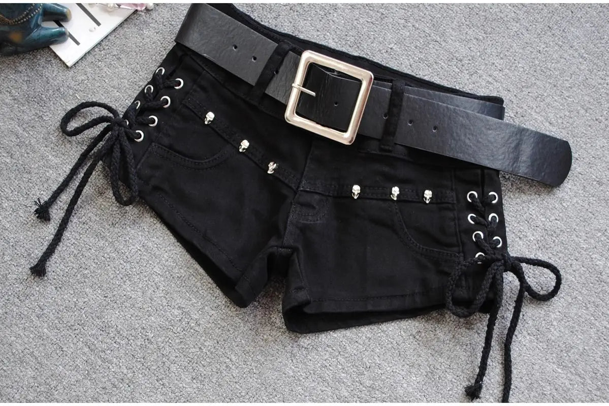 Korean Low Rise Denim Shorts 2024 - Riveted Lace Up Bodycon Black Hot Pants Vintage Cheeky Booty Summer TikTok Y2K Outfit