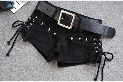 Korean Low Rise Denim Shorts 2024 - Riveted Lace Up Bodycon Black Hot Pants Vintage Cheeky Booty Summer TikTok Y2K Outfit