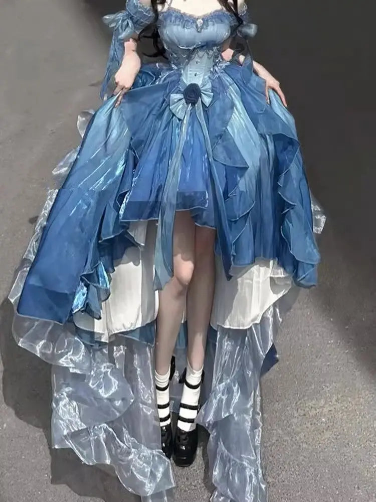 Original Lolita Trailing Puffy Dress Women Short Front Long Back Princess Blue Flower Wedding Dress Elegant Off Shoulder