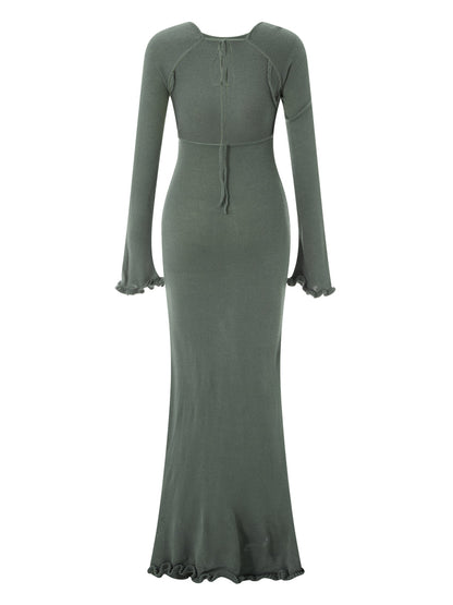 Women's Autumn Winter Knitted Bodycon Dress Long Sleeve Tie Backless Round Neck Solid Color Ruffle Trim Long Dress Beachwear