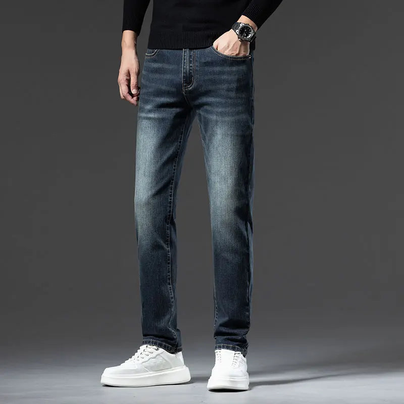 2025 New High-end High-quality Denim Double-core Cotton Elastic Jeans Retro Nostalgic Men's Straight-fit Trousers
