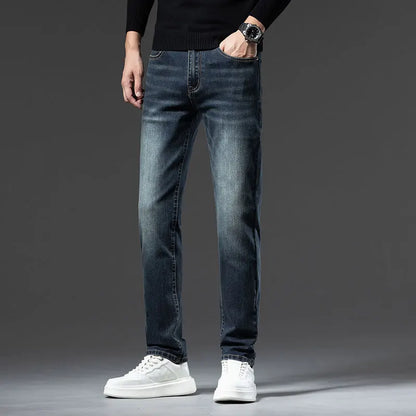 2025 New High-end High-quality Denim Double-core Cotton Elastic Jeans Retro Nostalgic Men's Straight-fit Trousers