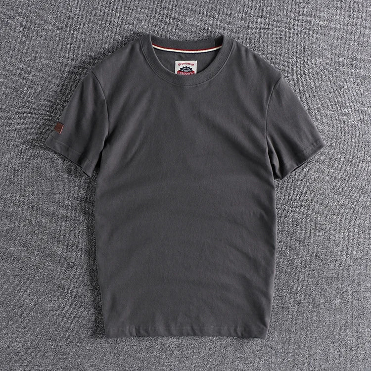 Summer New American Retro Short-sleeved O-neck Solid Color T-shirt Men's Fashion Simple 100% Cotton Washed Casual Sport Tops