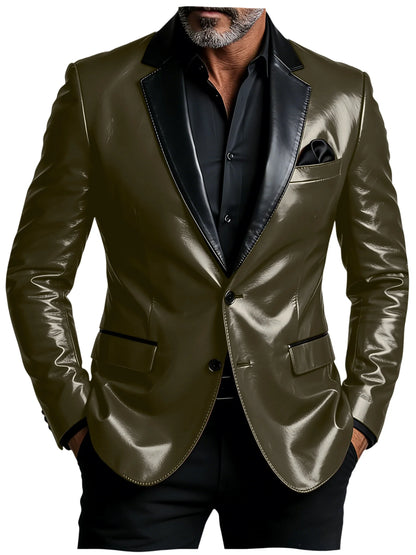 Men's Shiny Patent Leather Blazer Contrast Notch Lapel Two Button Suit Jacket Luxury Casual Business Formal Coat Party Wedding