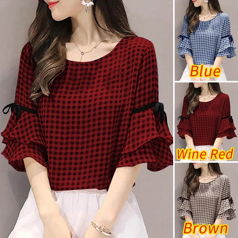 Womens Vintage Gingham Blouses Elegant O-Neck Lace-Up 3/4 Ruffles Sleeve Blusas Mujer Summer 2025 Day Wear Tunic Tops