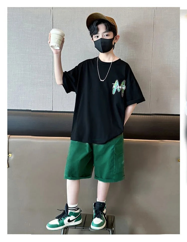Summer Boys Cotton Leisure Loose Contrast Alphabet T-Shirt Top+Shorts Pant Set School Kids 2PCS Tracksuit Children Outfit 5-16Yr
