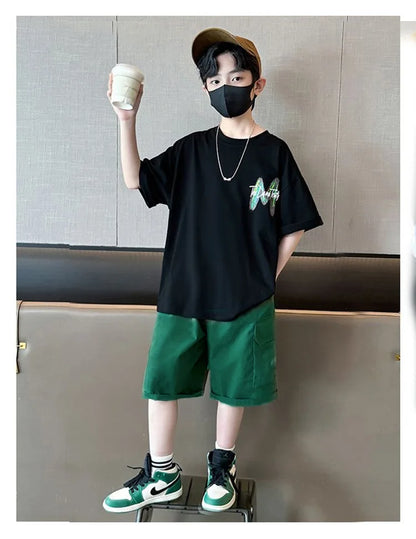 Summer Boys Cotton Leisure Loose Contrast Alphabet T-Shirt Top+Shorts Pant Set School Kids 2PCS Tracksuit Children Outfit 5-16Yr