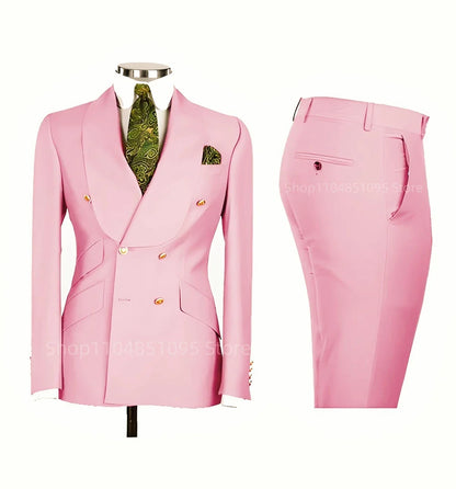 Smart Casual Solid 2 PCS Men Suits Formal Groom Tuxedos Shawl Lapel Double Breasted Jacket Pants Business/Wedding Suits Set