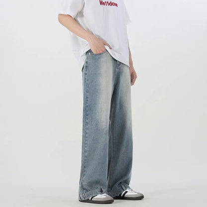 Vintage American Retro Reverse Side Turned Denim Jeans Men Women Couple Straight Wide Leg Baggy Drag Pants Trendy