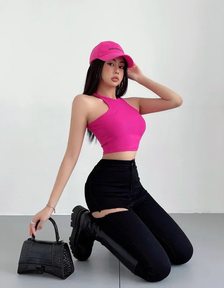 American Spicy Girls Sexy Hole Jeans Slim High Waist Elastic Feet Pencil Pants Trousers Fashion Women BOF8