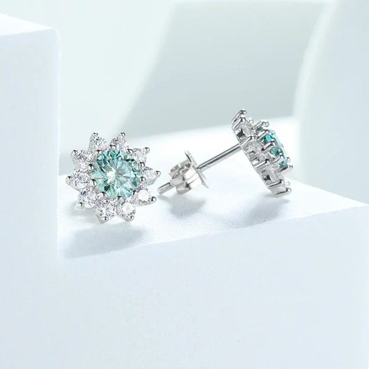 0.5CT 5MM Blue-green Moissanite Sunflower Stud Earrings Colorful Wedding Bride Brilliant Halo 925 Silver Luxury Ear Studs