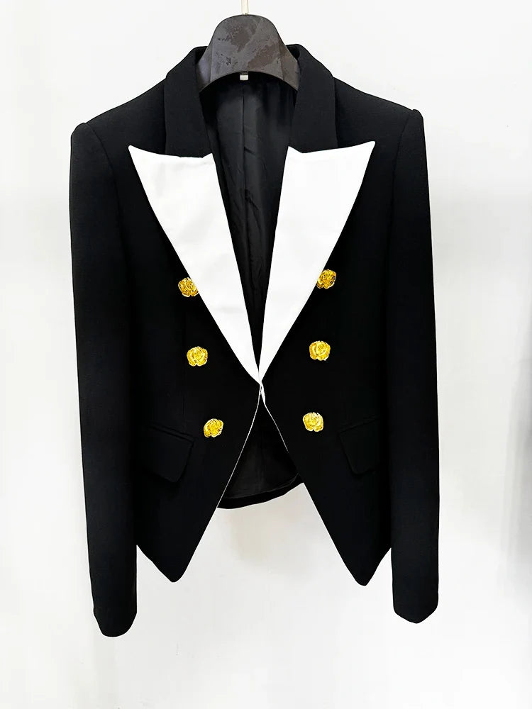 HIGH STREET Newest Fashion 2026 Designer Jacket Women's Slim Fitting Rose Metal Buttons Color Block Blazer