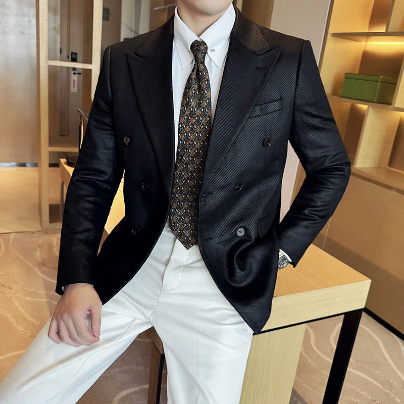 High Quality Men Double Breasted Blazer Suede Gilded Twill Slim Fit Business Social Formal Suit Jacket Tailcoats Men Clothes