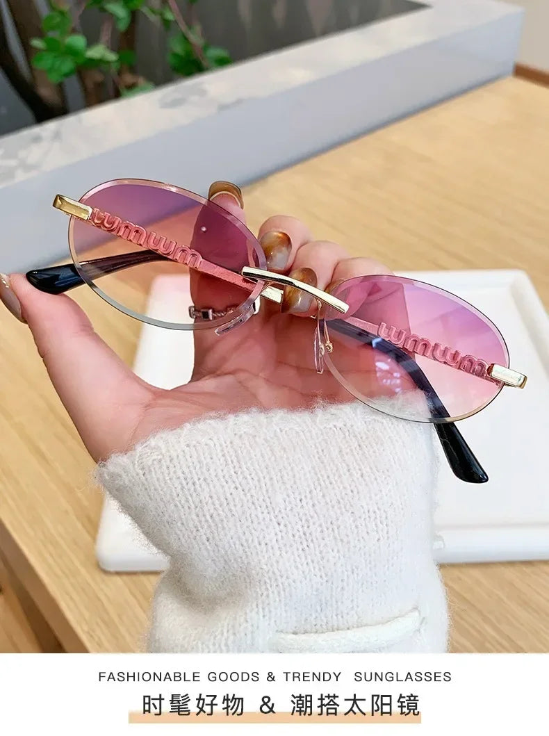 New Oval Rimless Sunglasses Women Luxury Fashion Narrow Sun Glasses Shades Trendy Elegant Diamond Eyewear Lentes De Sol Mujer