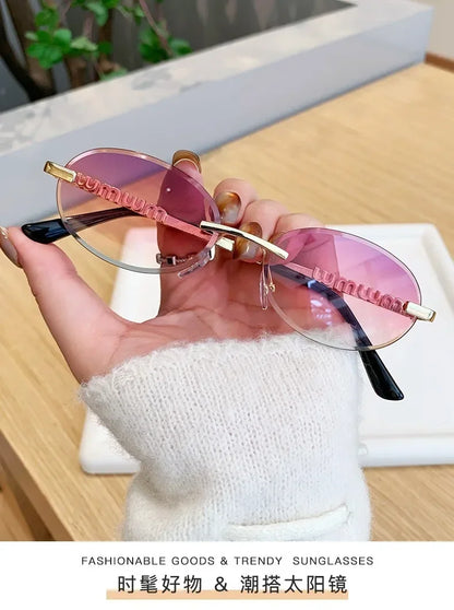 New Oval Rimless Sunglasses Women Luxury Fashion Narrow Sun Glasses Shades Trendy Elegant Diamond Eyewear Lentes De Sol Mujer