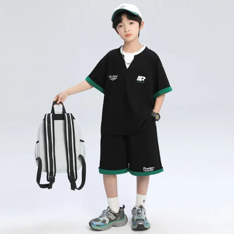 Sporty Korean Children's Clothes 2025 Boys Sets Tracksuit for Boy Top Shirts Tops Home Clothing 10 14 Years Kids Summer Set Suit