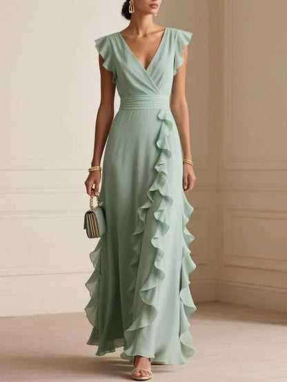 Women's Elegant Solid Color Ruffle Sleeveless Sexy V-Neck Long Dress Fashionable Bohemian Women's Party Evening Maxi Dresses