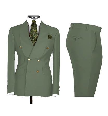 Light Blue Men's Suits Chic Double Breasted Blazer Peak Lapel Elegant Formal Set Male 2 Piece Jacket Pants Wedding Groom Tuxedos
