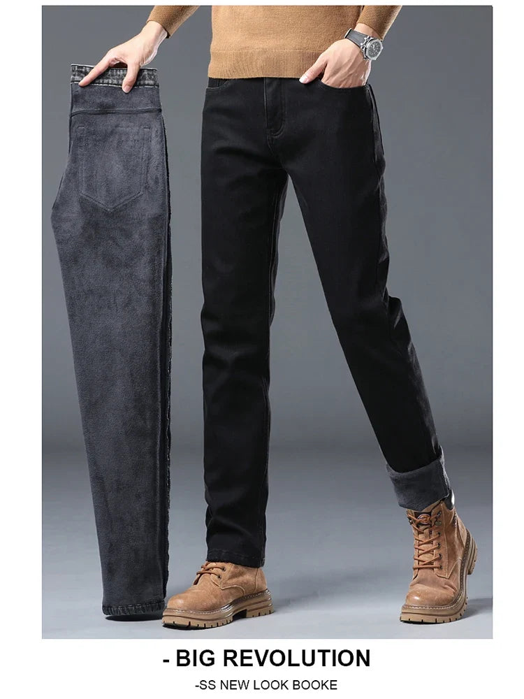 Men's Winter Stretch Fleece Jeans Thickened Warm Loose Straight Velvet Denim Trousers Classic Business Casual Black Work Pants